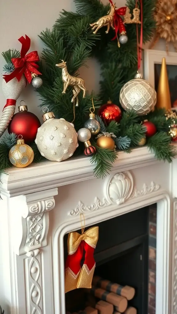 A beautifully decorated fireplace mantel with vintage ornaments and a green garland.