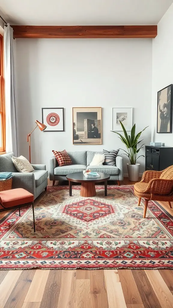 27+ Contemporary Rugs to Elevate Your Living Room Style 12 A cozy living room featuring a patterned rug, modern furniture, and warm colors.