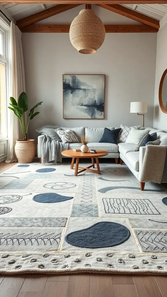 29+ Stunning Abstract Rugs to Elevate Your Living Room Decor 7 A cozy living room featuring an abstract rug with various textures and patterns, complemented by a light sofa and wooden elements.