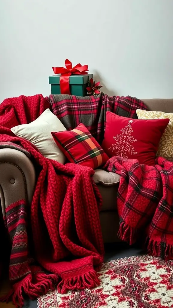 Cozy couch with red blankets and pillows, decorated for Christmas