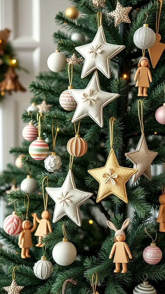 A Christmas tree decorated with handmade ornaments including fabric stars, colorful baubles, and wooden figures.