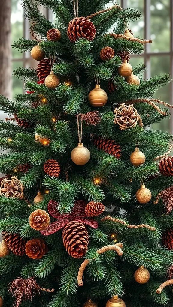 A woodsy Christmas tree decorated with pine cones, wooden ornaments, and natural fibers.