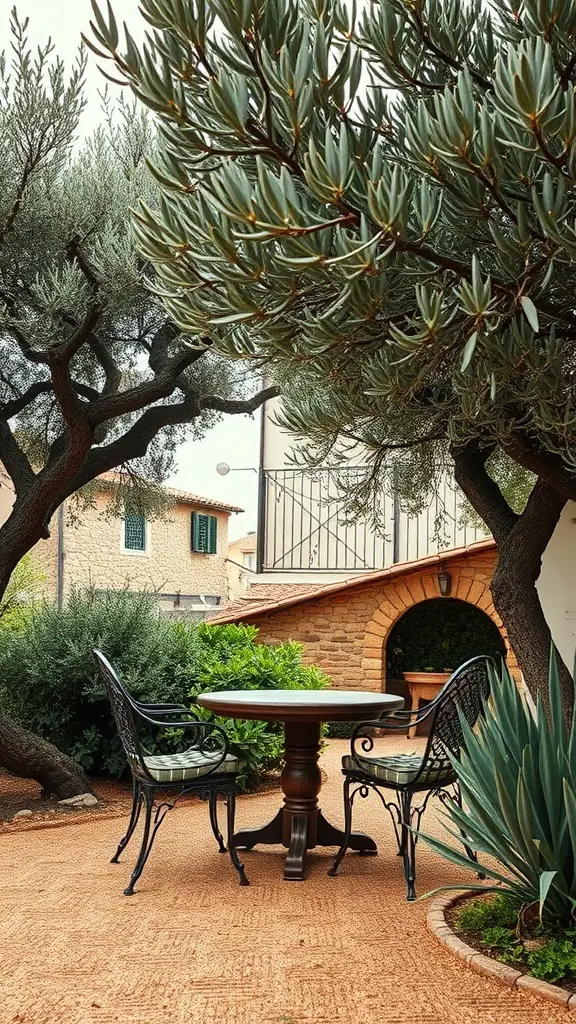 29+ Inspiring Tuscan Garden Ideas for Your Outdoor Oasis 4 A cozy seating area under olive trees in a Tuscan garden, featuring a round table and chairs.