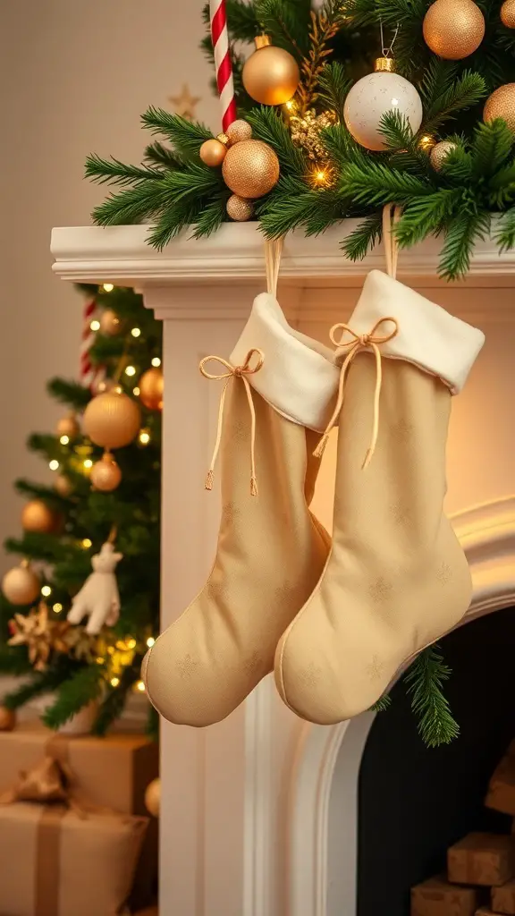 Cream and gold Christmas stockings hanging by a fireplace decorated with festive ornaments.