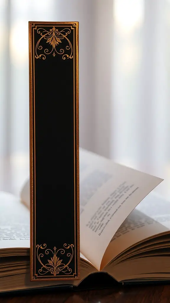 31+ Creative Bookmark Design Ideas You’ll Love 10 A black metallic foil bookmark with gold detailing placed in an open book.