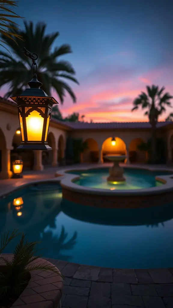 23+ Stunning Spanish Style Pool Designs to Inspire Your Backyard Oasis 12 A beautifully lit traditional lantern by a Spanish style pool at sunset.