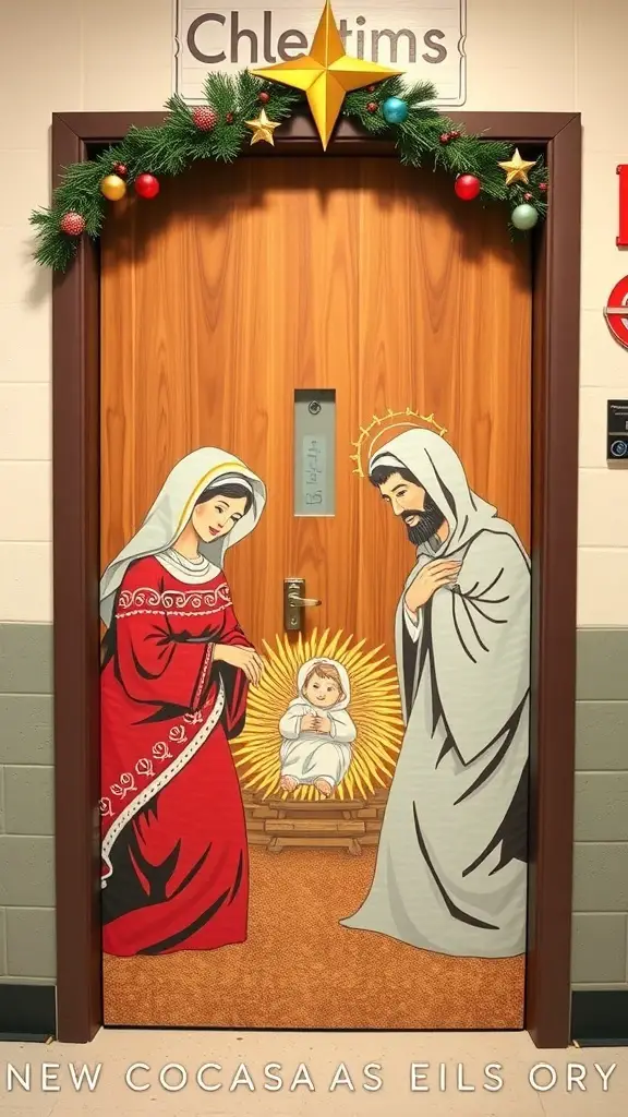 A decorated classroom door featuring a nativity scene with Mary, Joseph, and baby Jesus, adorned with greenery and a star.