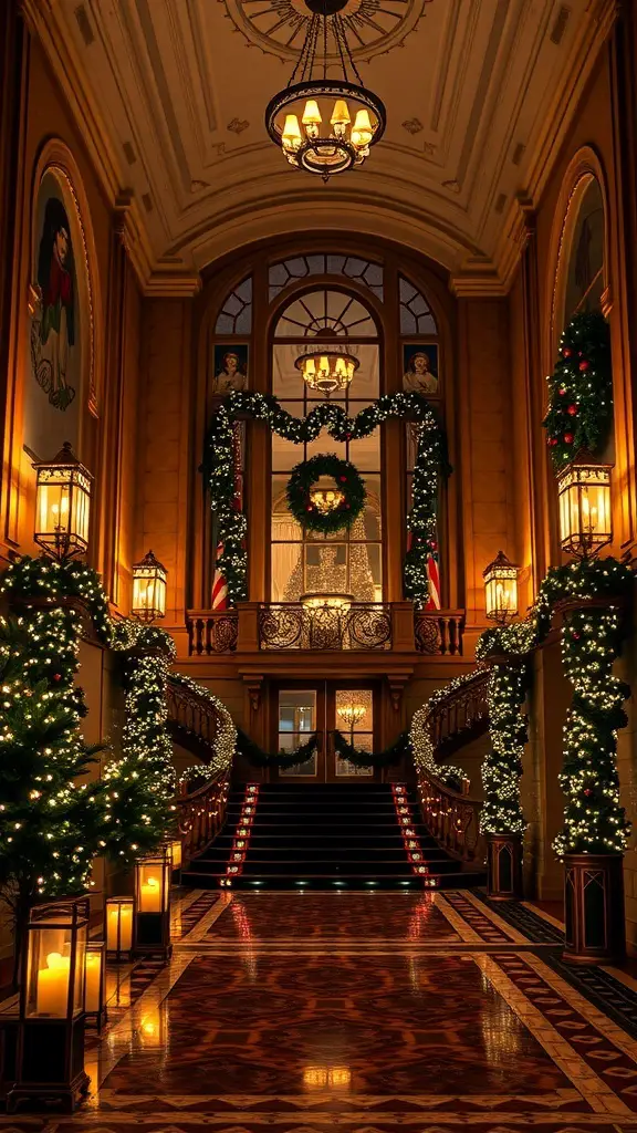 Interior of an Art Deco mansion decorated for Christmas with a grand staircase, greenery, and chandeliers.