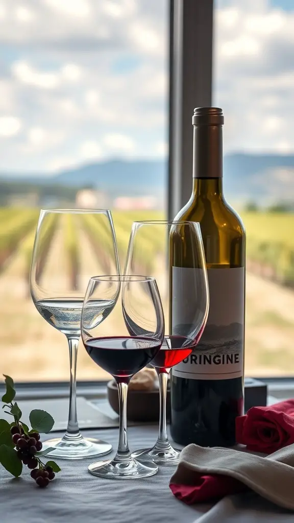 31+ Thoughtful Anniversary Gift Ideas for Every Couple 10 A bottle of red wine with three glasses, set against a vineyard view.
