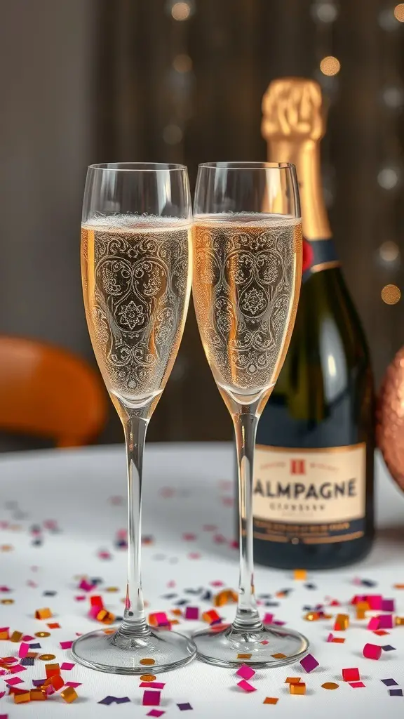 27 Thoughtful Engagement Gifts Your Friends Will Love 4 Two engraved champagne flutes filled with sparkling champagne, with a bottle of champagne in the background and confetti on the table.
