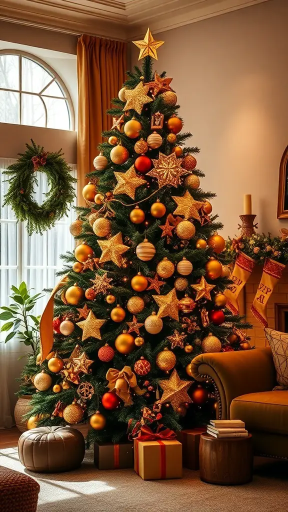 A beautifully decorated Christmas tree with gold ornaments on a brown tree, surrounded by gifts and a cozy living room setting.