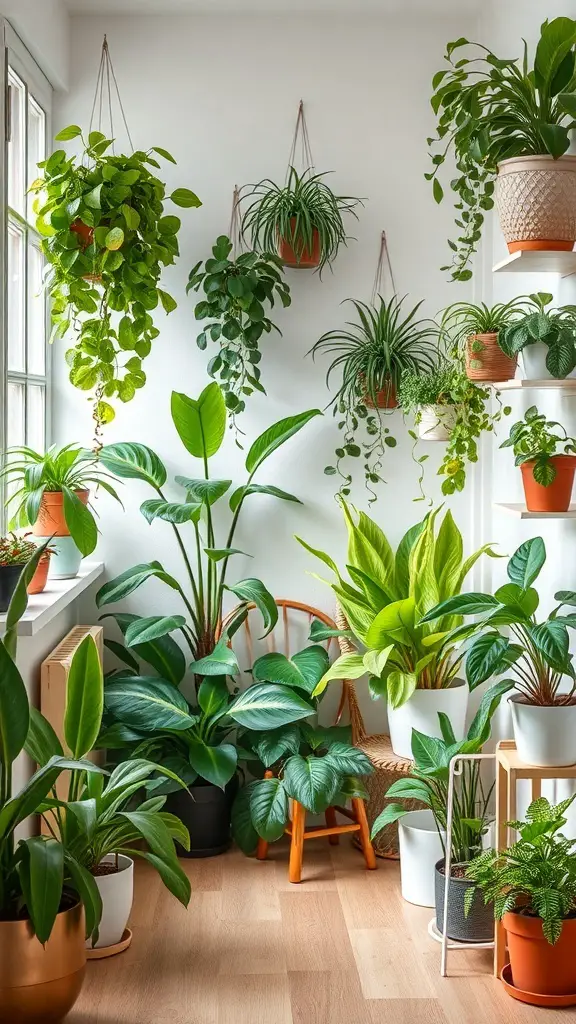 29+ Small Room Makeover Ideas to Maximize Space and Style 9 A cozy room filled with various indoor plants, showcasing hanging plants and potted greenery.