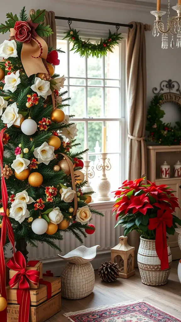 A beautifully decorated Christmas tree with white flowers, gold ornaments, and red accents in a cozy room.
