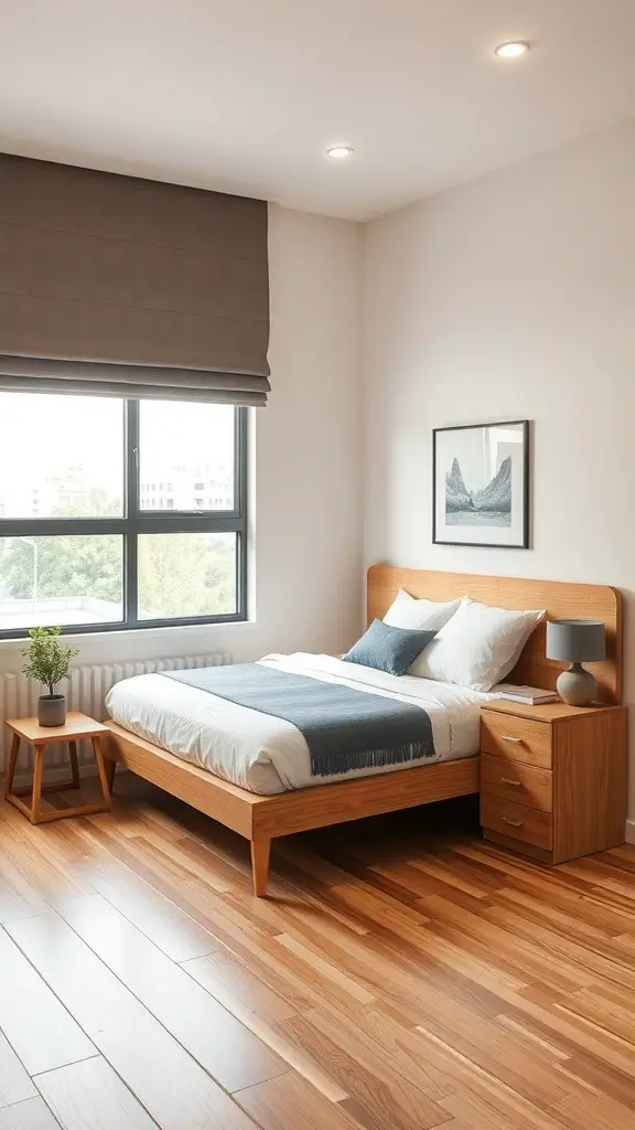 A cozy small bedroom featuring a full-size bed with wooden furniture and a bright window.