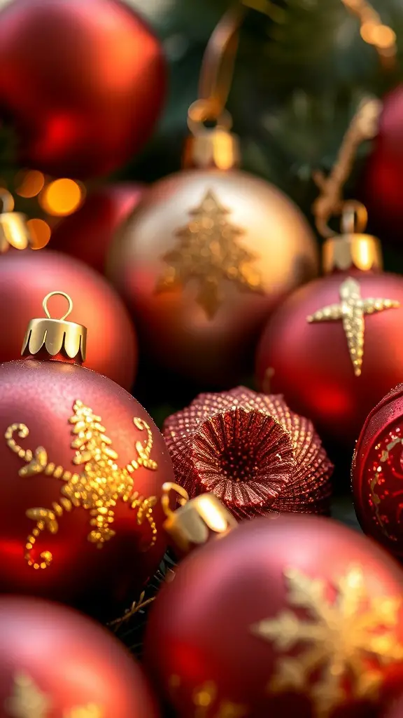 Close-up of gold glitter accents on brown Christmas ornaments
