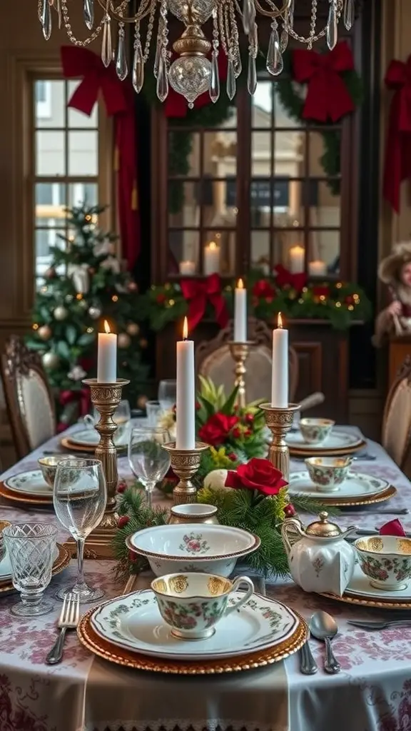 A Victorian style table setting with fine china, crystal glassware, and candles, decorated with roses and greenery.