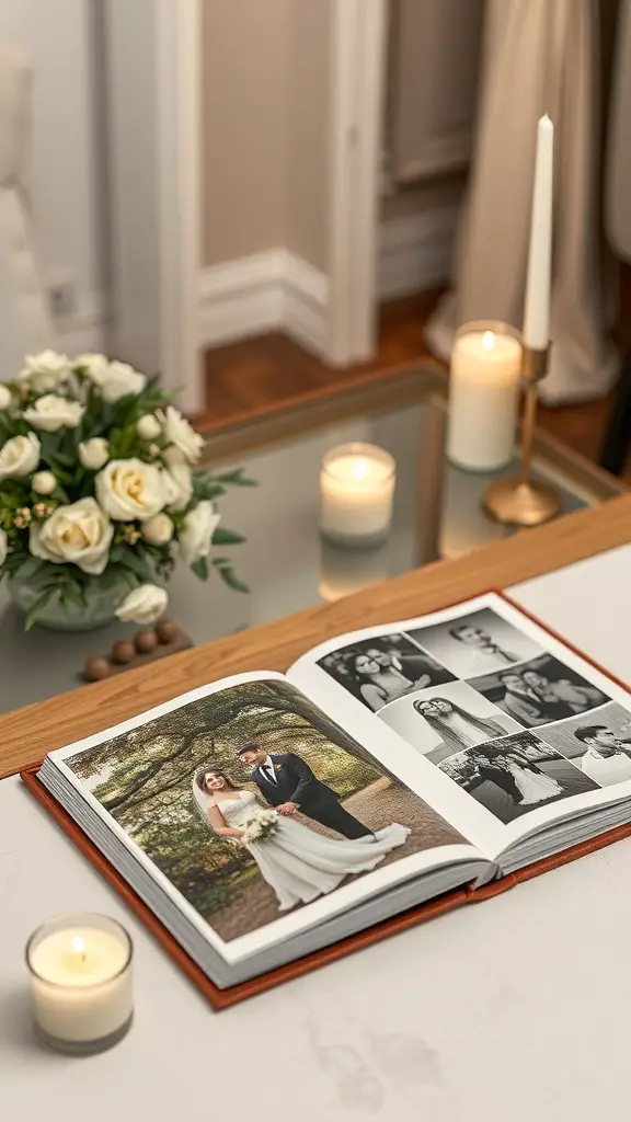 27+ Unique Wedding Gifts for Every Couple 16 Customized photo album open on a table with wedding photos, candles, and flowers.