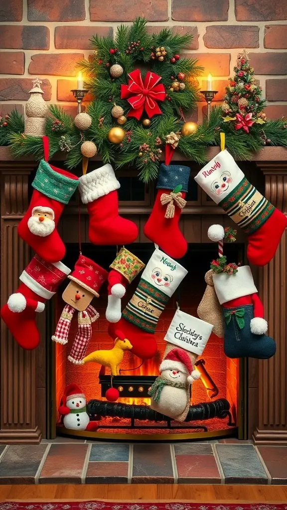 A festive display of colorful Christmas stockings hanging by a fireplace, featuring various playful designs.