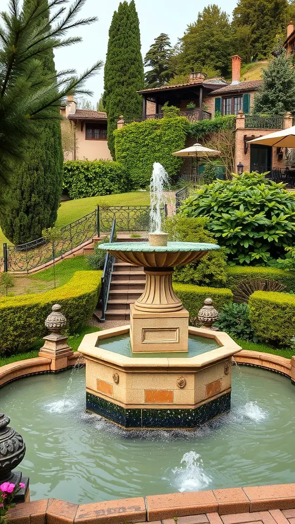 29+ Inspiring Tuscan Landscape Design Ideas You’ll Love 5 A traditional Tuscan fountain surrounded by greenery and elegant architecture.