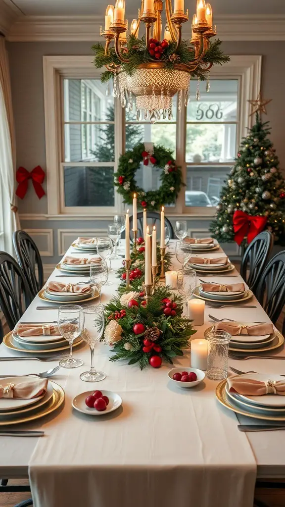 A beautifully set holiday dining table with candles, greenery, and festive decorations.