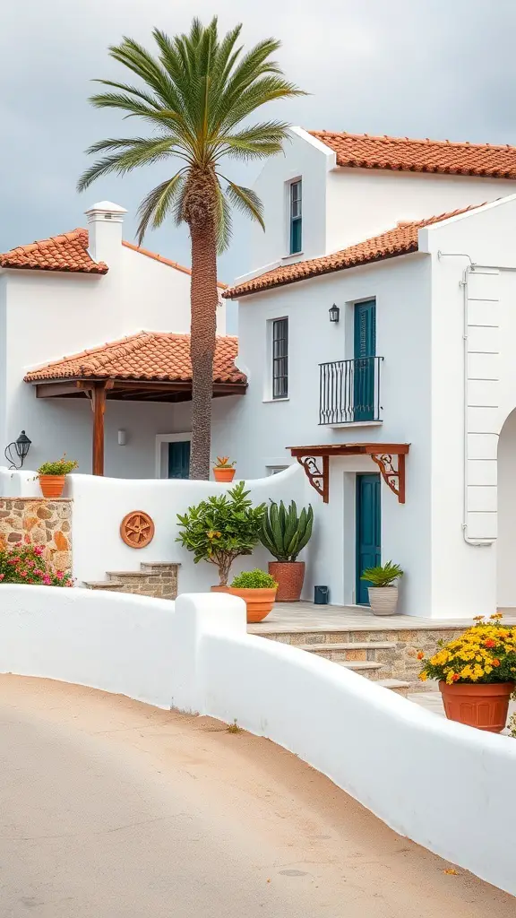 25+ Stunning Spanish Beach House Designs You’ll Love 7 A charming Spanish beach house with white walls, terracotta roof, and a blue door, surrounded by palm trees and potted plants.