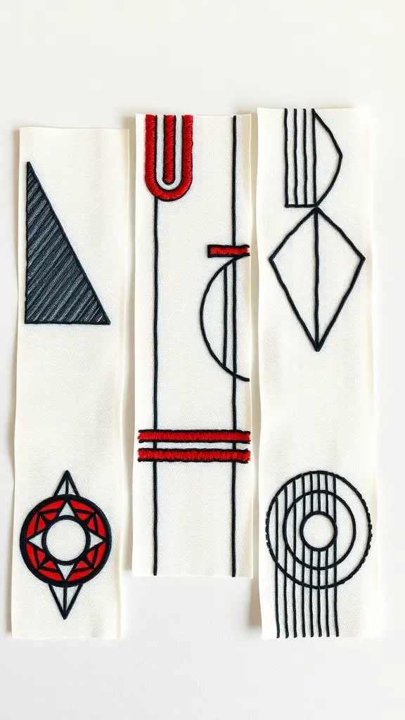 Three embroidered bookmarks featuring geometric patterns in red and black on a white background.