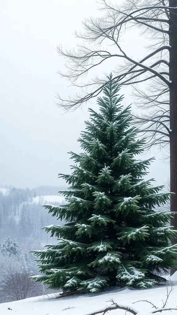 A snow-covered Christmas tree in a winter landscape
