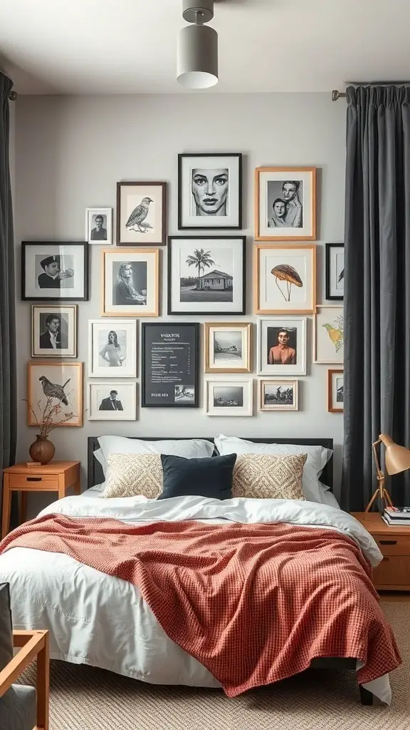 25+ Adorable Small Bedroom Ideas for a Cozy Retreat 15 A cozy bedroom featuring a personalized gallery wall with various framed artworks and photographs.