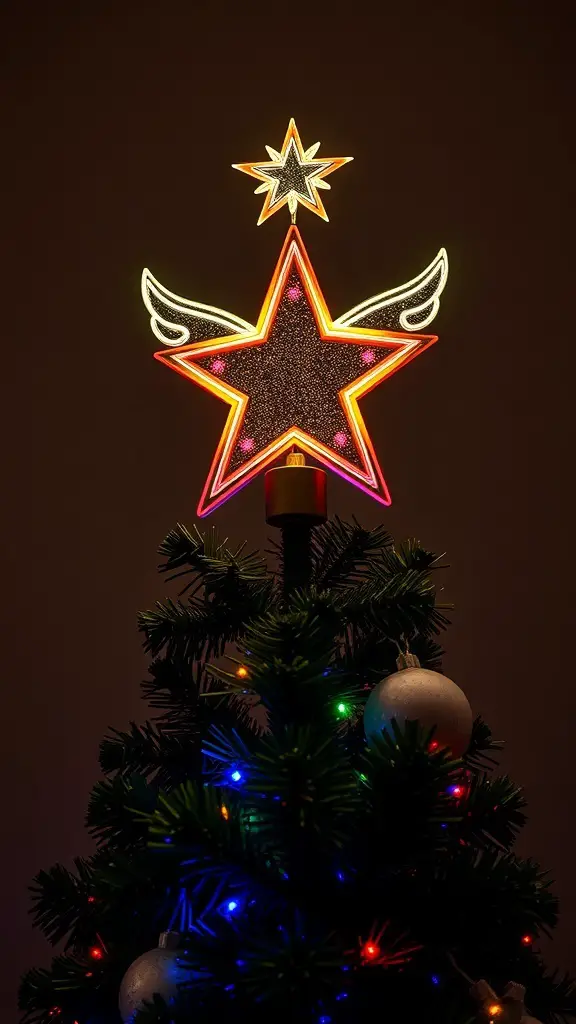 A colorful star tree topper with wings, featuring bright neon lights, on a Christmas tree.