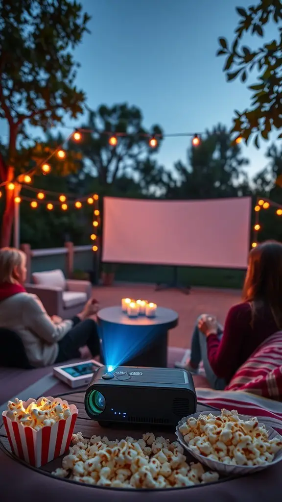 23+ Unique 2 Year Anniversary Gifts for Him 16 A smartphone projector set up outdoors with popcorn and a movie screen.