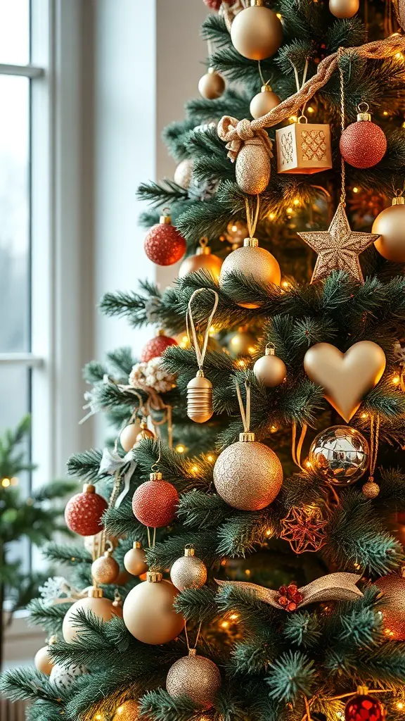 A beautifully decorated sage green Christmas tree with gold and red ornaments, fairy lights, and a star topper.