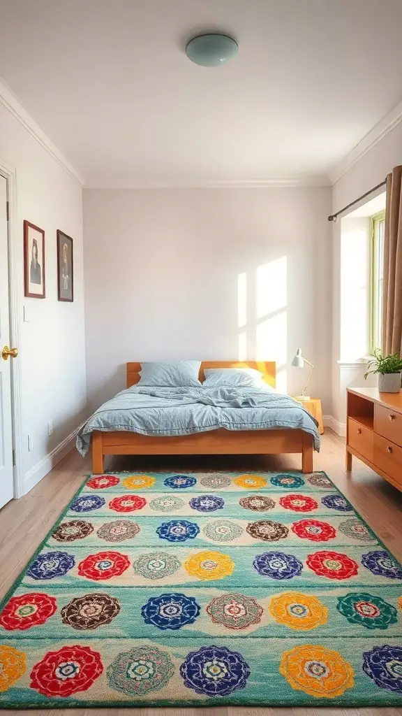 A small bedroom with a full-size bed and a colorful area rug