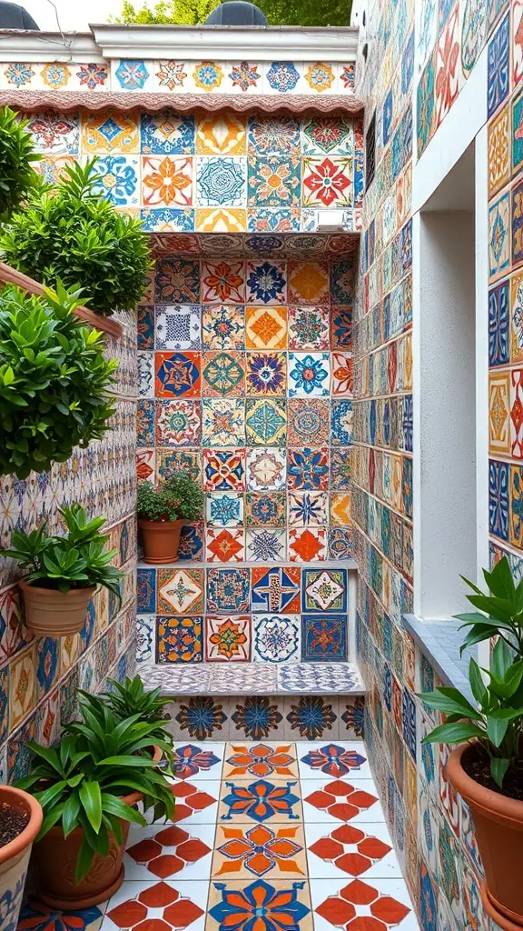 25+ Stunning Mediterranean Terrace Ideas for Your Home 7 Colorful Mediterranean tile patterns on walls and floor with potted plants