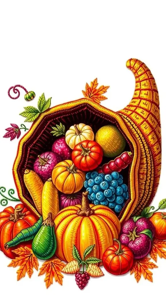 33+ Stunning Fall Embroidery Ideas to Try This Season 10 A cornucopia overflowing with colorful pumpkins, tomatoes, and seasonal produce, surrounded by autumn leaves and pinecones.