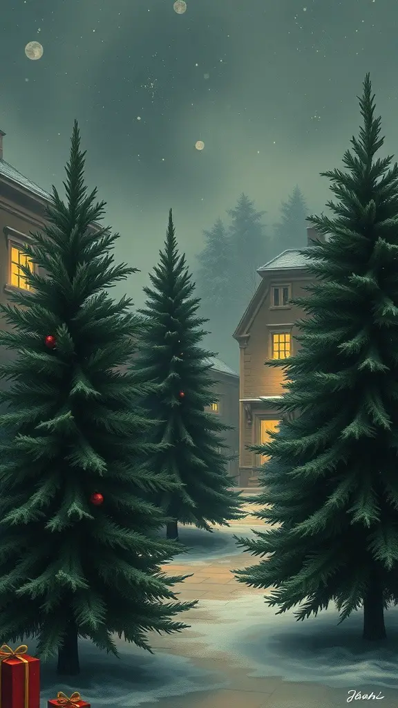 A serene winter scene featuring dark green Christmas trees, snow-covered ground, and cozy homes illuminated by warm lights.