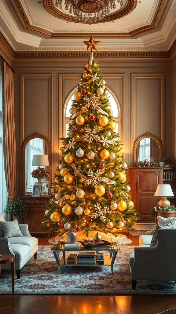 A beautifully decorated golden Christmas tree in a cozy living room setting.