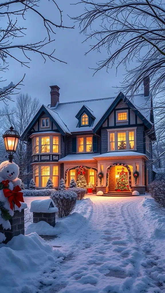 A snowy mansion decorated for Christmas with warm lights, a snowman, and festive wreaths.