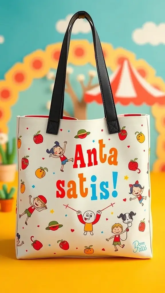 27+ Creative Tote Bag Painting Ideas You’ll Love 12 A colorful tote bag featuring whimsical cartoon characters and playful designs.