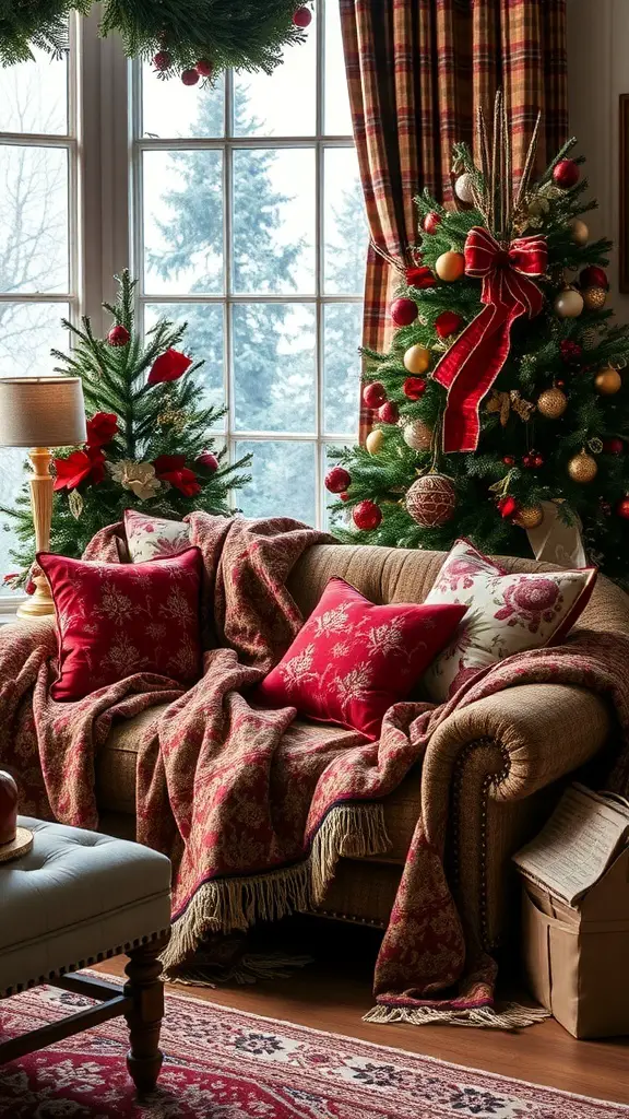 Cozy living room decorated with Swiss Christmas fabrics, featuring a sofa with red and gold pillows, a throw blanket, and a Christmas tree.