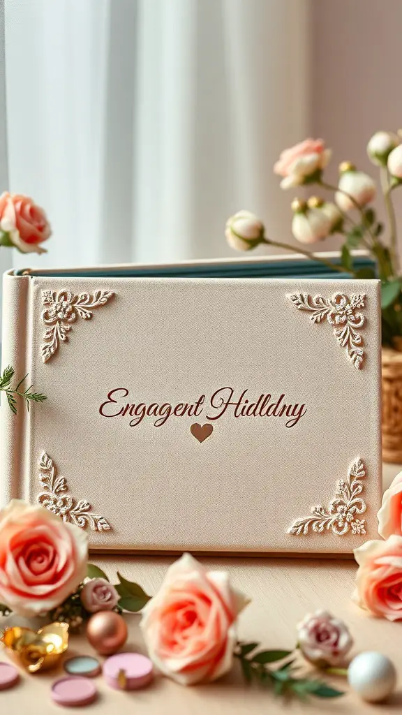 Personalized photo album with floral decorations and the title 'Engagent Hidlldny'
