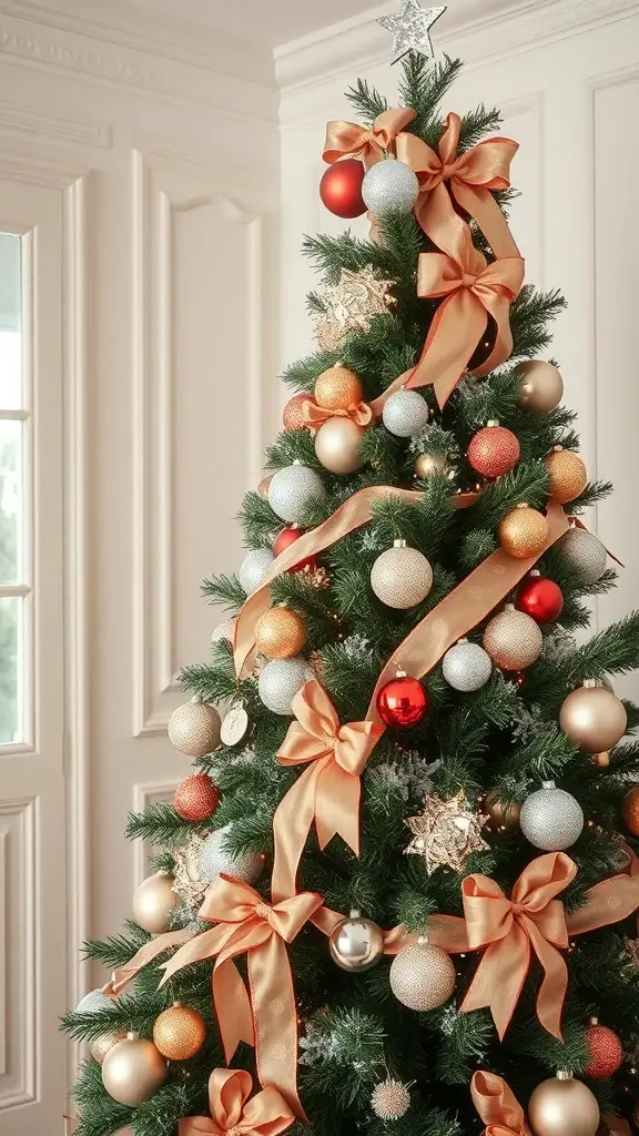 A beautifully decorated Christmas tree featuring metallic ornaments and ribbons, showcasing a vintage glam style.