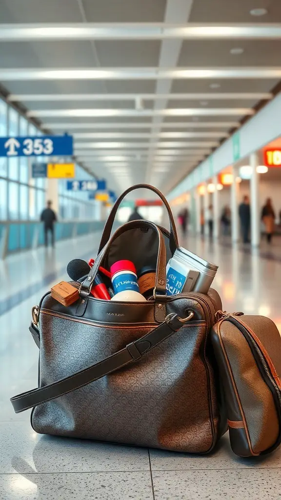 23+ Unique 2 Year Anniversary Gifts for Him 12 A stylish travel bag packed with essentials, set in an airport terminal.