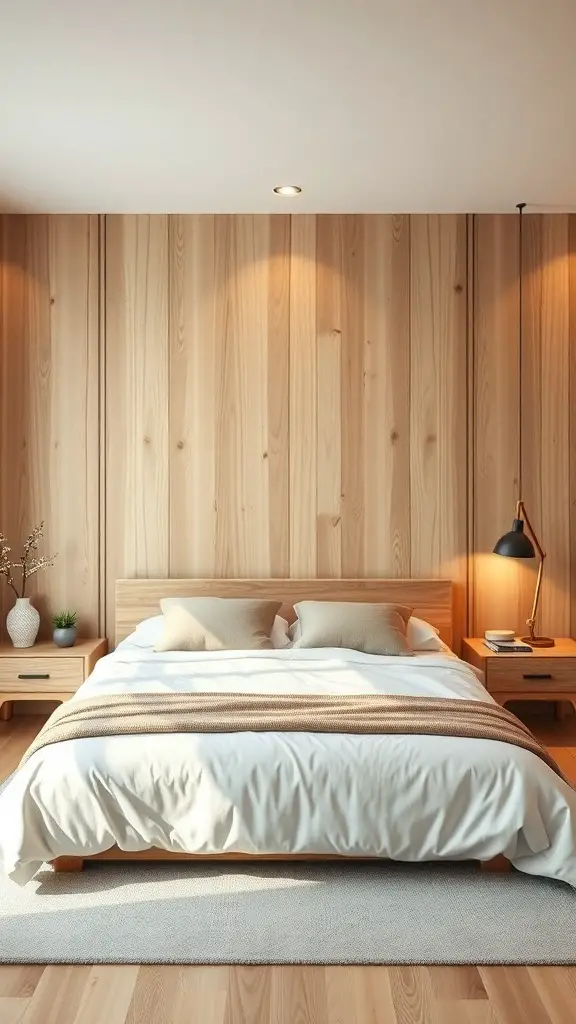 A minimalist Scandinavian bedroom featuring a king bed with neutral bedding, wooden wall, and simple decor.