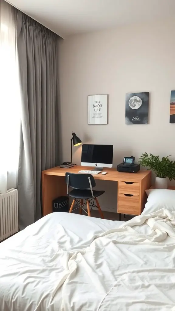 31+ Stylish Bedroom Ideas for Small Rooms 11 A small bedroom workspace featuring a wooden desk, a chair, and decorative items.