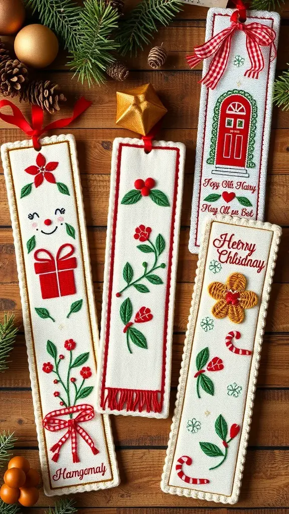 A collection of holiday-themed embroidered bookmarks featuring festive designs like gifts, flowers, and holiday greetings.
