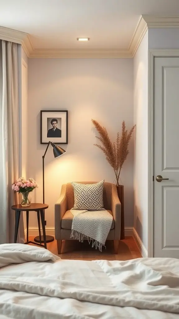 25+ Adorable Small Bedroom Ideas for a Cozy Retreat 7 Cozy nook in a small bedroom with a chair, side table, lamp, and decorative elements.