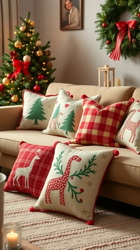33+ Must-Try Christmas Sewing Patterns for Festive Fun 7 A cozy couch adorned with holiday-themed pillows featuring Christmas trees, reindeer, and plaid patterns, set in a festive living room.