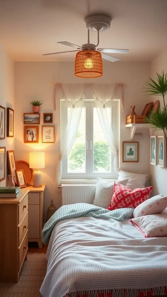 35+ Cozy Tiny Bedroom Ideas for Couples: Maximize Your Space Together 12 A cozy tiny bedroom with personalized decor, featuring framed pictures, colorful pillows, and a woven pendant light.