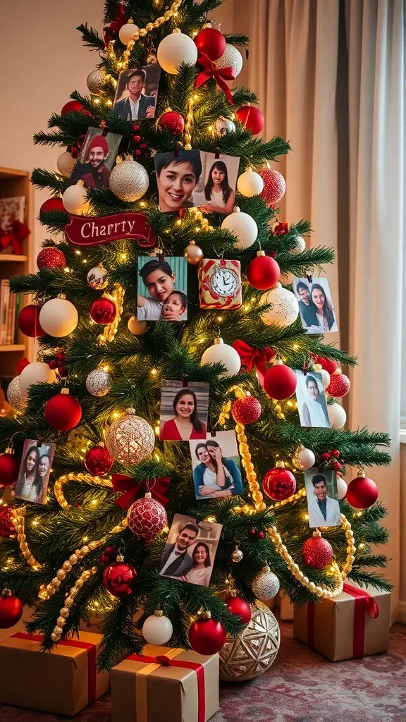A Christmas tree decorated with family photos and ornaments, creating a warm and inviting holiday atmosphere.