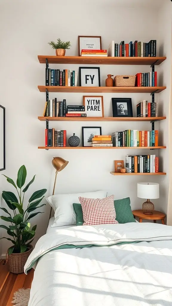 31+ Stylish Bedroom Ideas for Small Rooms 9 A small bedroom featuring a bed, decorative pillows, and a wall with wooden shelves holding books and plants.